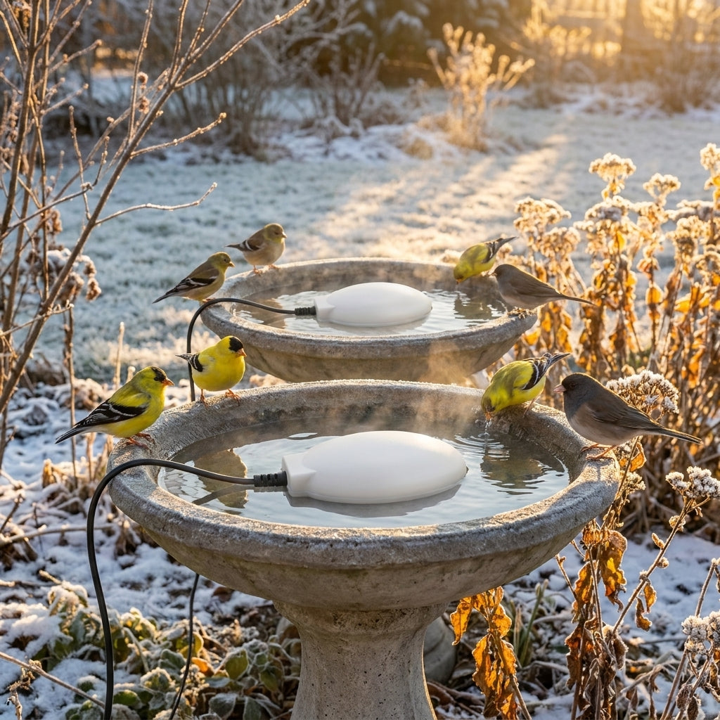 2-Pack of Submersible Bird Bath Heaters keeping backyard bird baths ice-free at winter golden hour