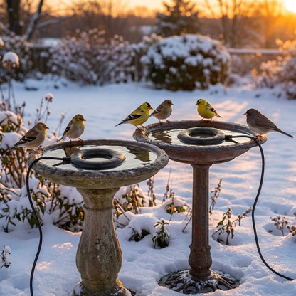 2-Pack of 70W Cast Aluminum Ring Submersible Bird Bath Heaters in a snowy garden at golden hour