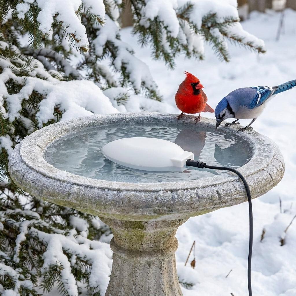 Northern Cardinal and Blue Jay drinking unfrozen water from a snowy bird bath with the Submersible Heater De-Icer