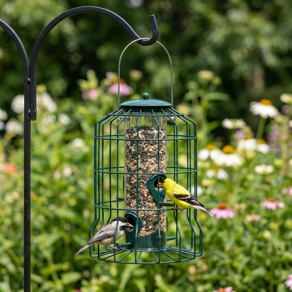 Black-Capped Chickadee and American Goldfinch feeding safely inside the Forest Green Squirrel-Proof Caged Bird Feeder