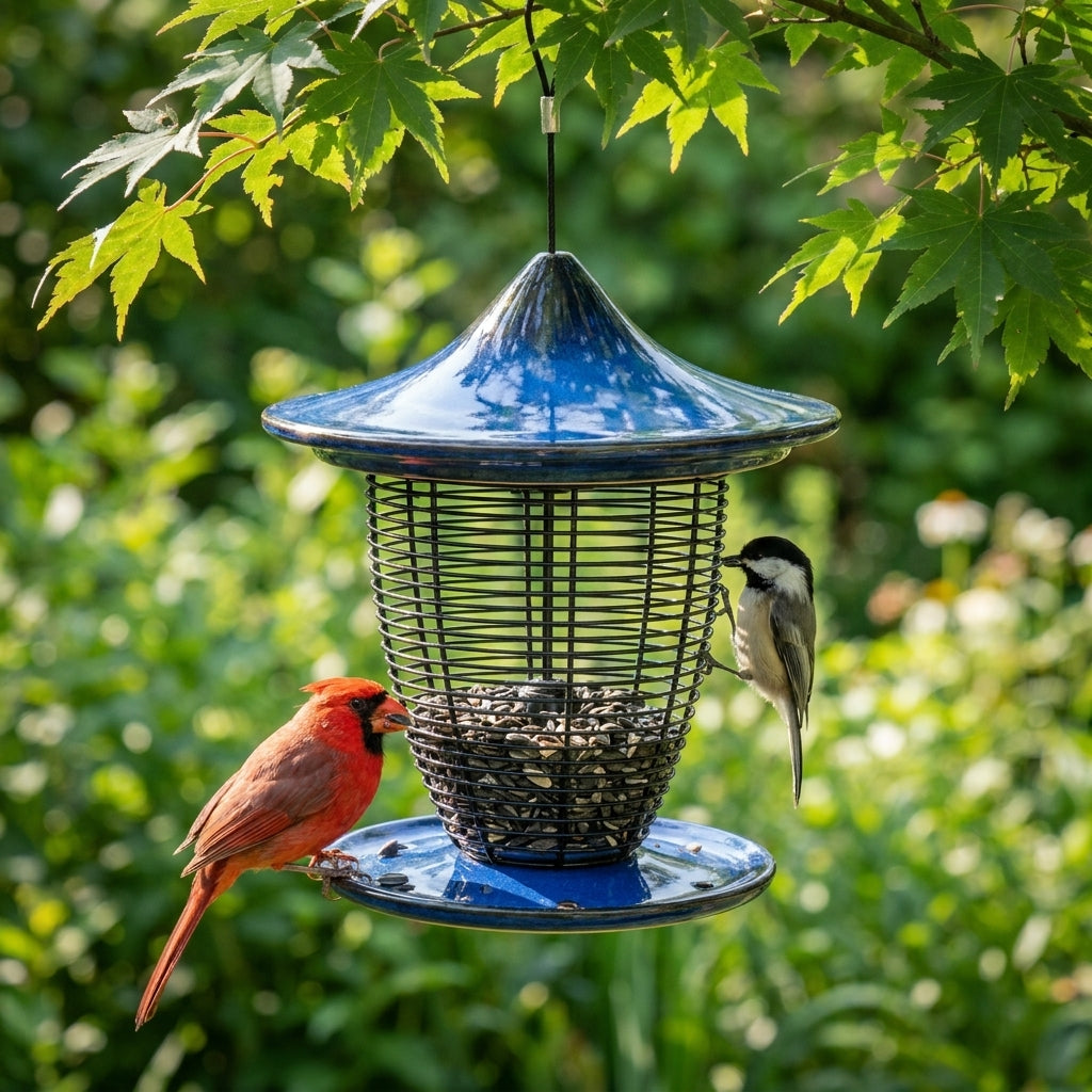 Northern Cardinal and Black-Capped Chickadee feeding on the Cobalt Blue Ceramic Pagoda Bird Feeder in a garden