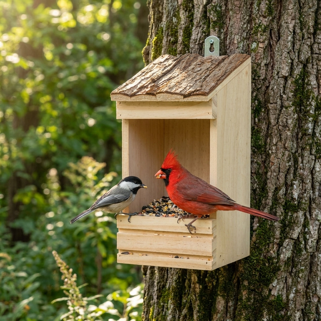 Handcrafted Open-Face Natural Wood & Bark Roof Bird Feeder — Wall & Tree Mount Seed Tray (11")