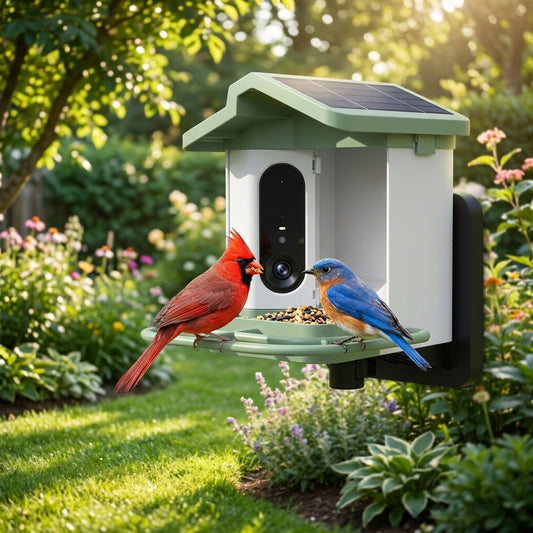 Northern Cardinal and Eastern Bluebird feeding on the Sage Green 1.5L Solar Smart Bird Feeder in a backyard