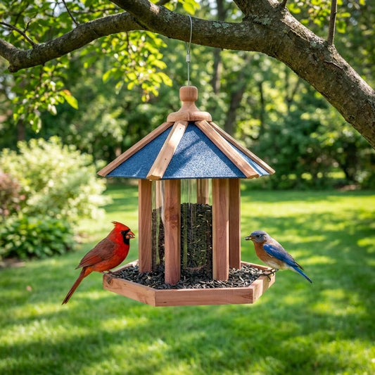 Northern Cardinal and Eastern Bluebird perched on the hexagonal cedar tray of the Amish Gazebo Bird Feeder hanging from a tree in a summer garden
