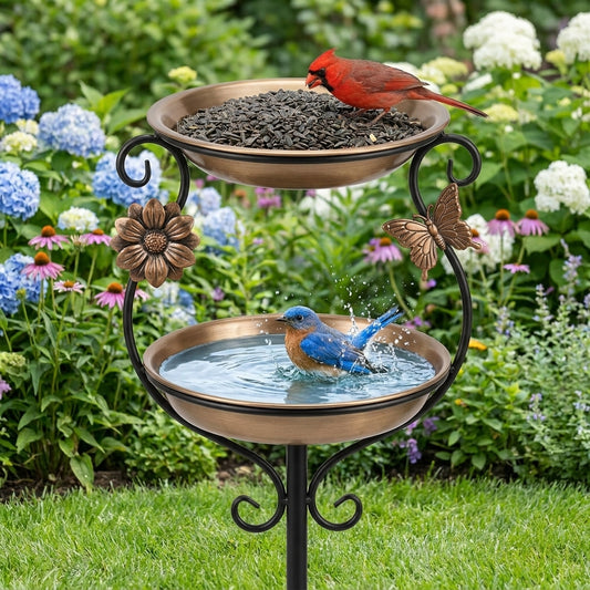 Northern Cardinal feeding and Eastern Bluebird bathing on the Dual-Layer Vintage Metal Bird Bath and Feeder Stand
