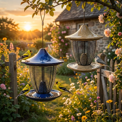Sandy Granite and Cobalt Blue Glazed Ceramic Pagoda Bird Feeders with American Goldfinches and a Tufted Titmouse in a golden-hour garden