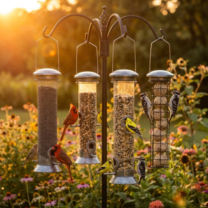 Tall Sterling feeders hanging on a multi-arm feeding pole at golden hour with a Northern Cardinal, goldfinches and Downy Woodpeckers