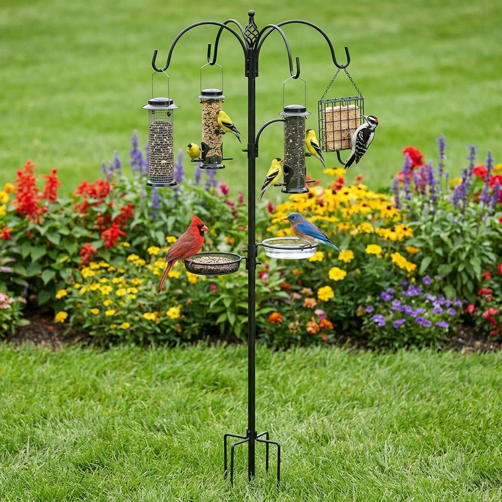 Northern Cardinal on the mesh tray, Eastern Bluebird at the bath dish, American Goldfinches on the tube feeders and a Downy Woodpecker at the suet cage of the 94-inch black steel feeding station in a flower garden