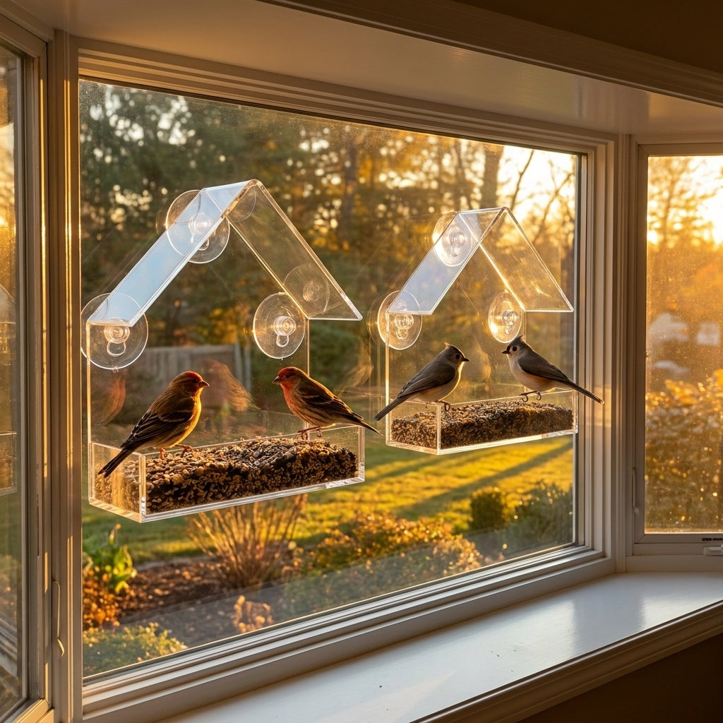 2-Pack of Clear Acrylic Window Bird Feeders on one window at golden hour, with House Finches and Tufted Titmice feeding from the seed trays