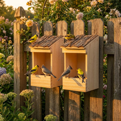 Handcrafted Open-Face Natural Wood & Bark Roof Bird Feeder — Wall & Tree Mount Seed Tray (11")