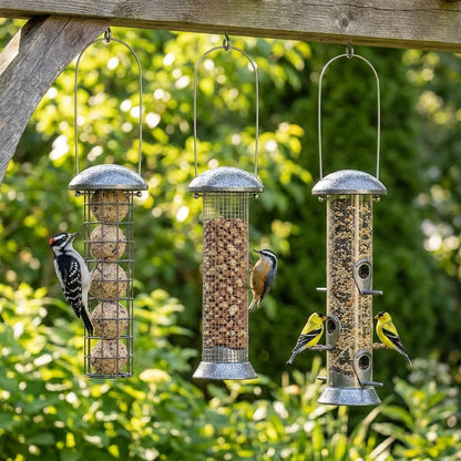 Downy Woodpecker, Red-breasted Nuthatch and American Goldfinches feeding from the 3-piece Sterling Triple Bird Feeder Set in a garden