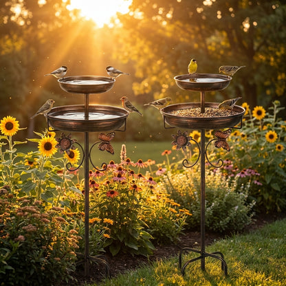 2-Pack of 46.8 inch Dual-Layer Antique Bronze Bird Bath and Feeder Stands in a golden-hour garden