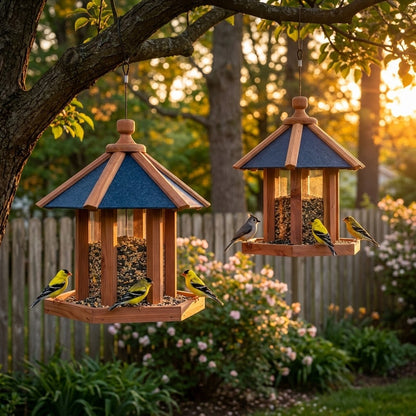 2-Pack of Amish Handcrafted Cedar and Recycled Plastic Gazebo Bird Feeders in a golden-hour garden with songbirds