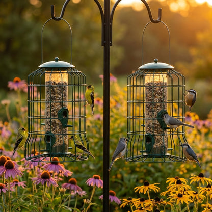 2-Pack bundle of Forest Green Squirrel-Proof Caged Hanging Tube Bird Feeders in a golden-hour backyard garden with songbirds