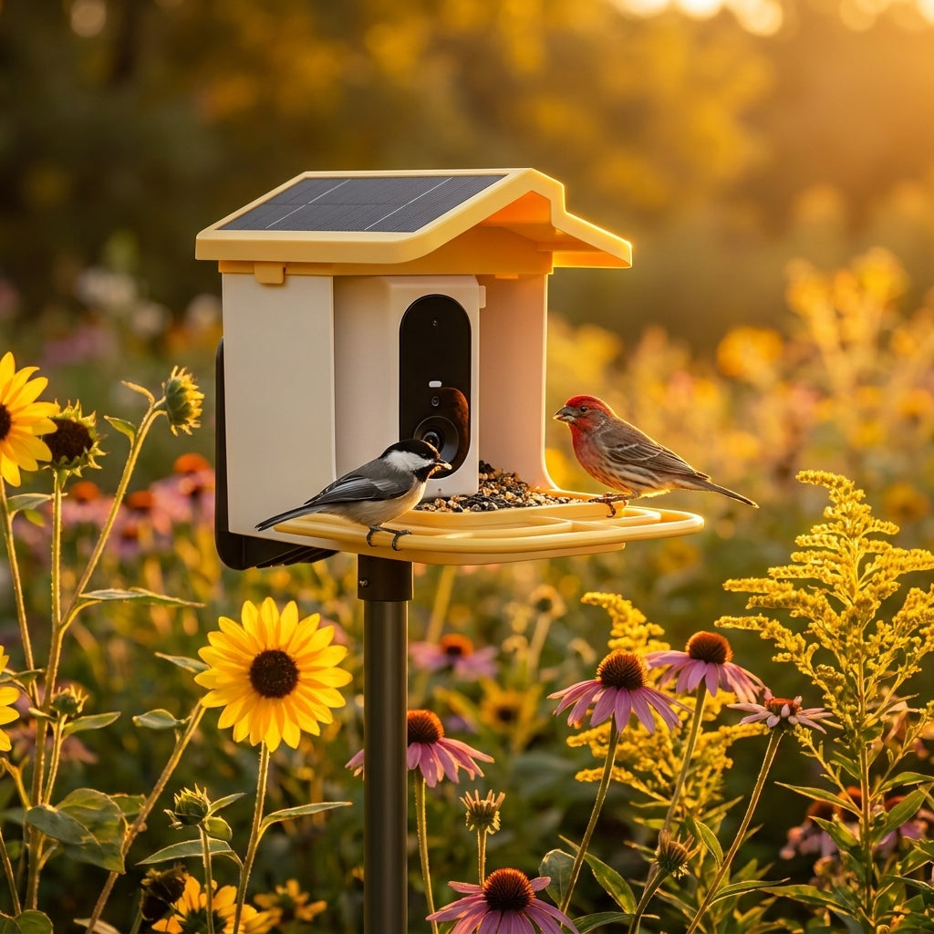 Sunset Yellow 1.5L Solar Smart Bird Feeder at golden hour with Chickadee and House Finch