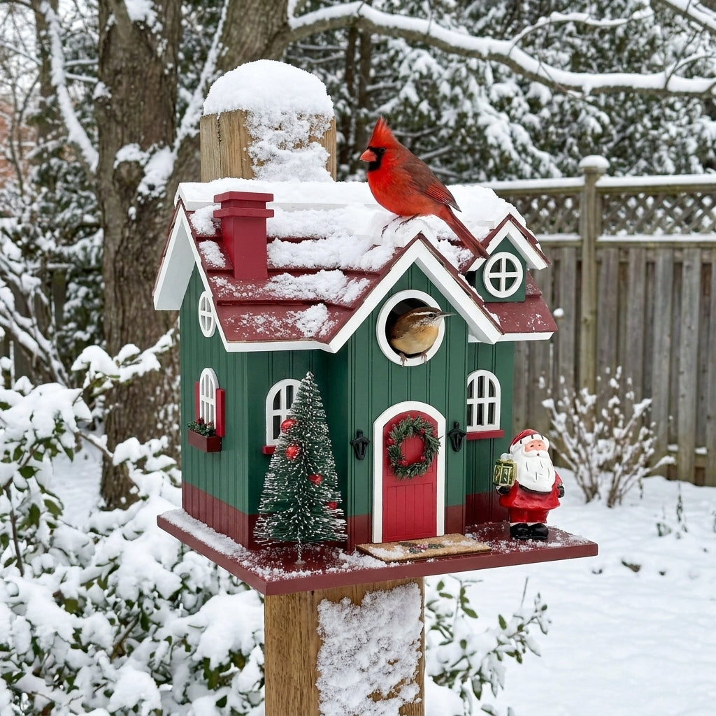 Carolina Wren and Northern Cardinal on the Mistletoe Manor Holiday Wooden Birdhouse in a winter backyard