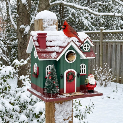 Carolina Wren and Northern Cardinal on the Mistletoe Manor Holiday Wooden Birdhouse in a winter backyard