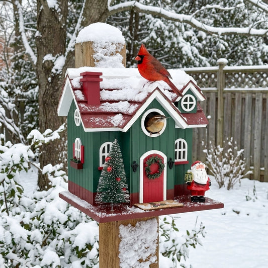 Carolina Wren and Northern Cardinal on the Mistletoe Manor Holiday Wooden Birdhouse in a winter backyard