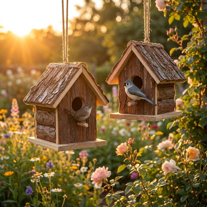 2-Pack pair of Handcrafted Natural Bark A-Frame Birdhouses hanging at golden hour with Wren and Titmouse