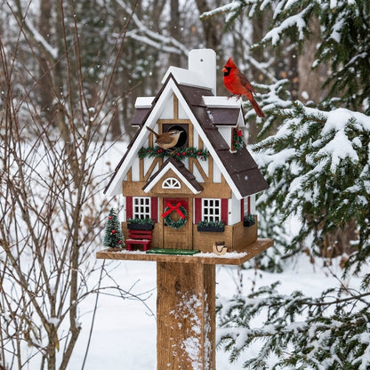 Carolina Wren and Northern Cardinal on the Merry Tudor Cottage Holiday Wooden Birdhouse in a winter garden