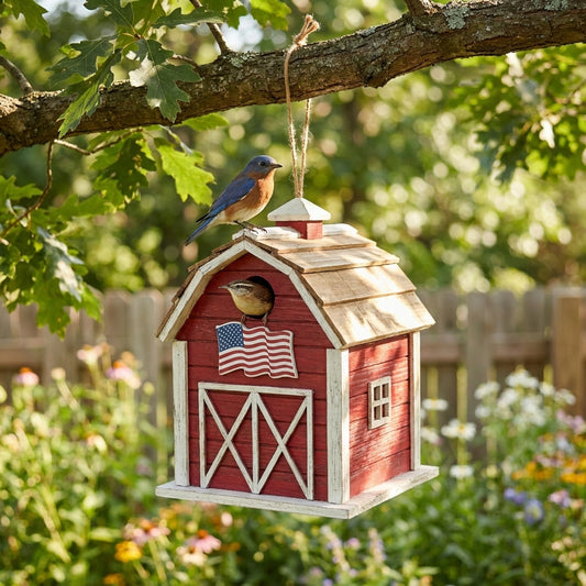 Eastern Bluebird and Carolina Wren on the Old Glory Red Barn Wooden Birdhouse in a country garden