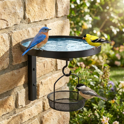 Eastern Bluebird and American Goldfinch at the water in the Wall-Mounted Metal Bird Bath, with a Chickadee on a feeder hanging from the hook, on a brick garden wall