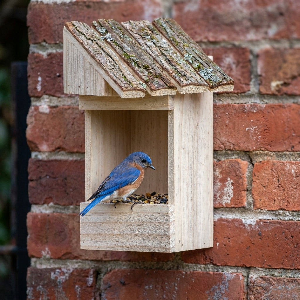 Handcrafted Open-Face Natural Wood & Bark Roof Bird Feeder — Wall & Tree Mount Seed Tray (11")