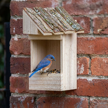 Handcrafted Open-Face Natural Wood & Bark Roof Bird Feeder — Wall & Tree Mount Seed Tray (11")