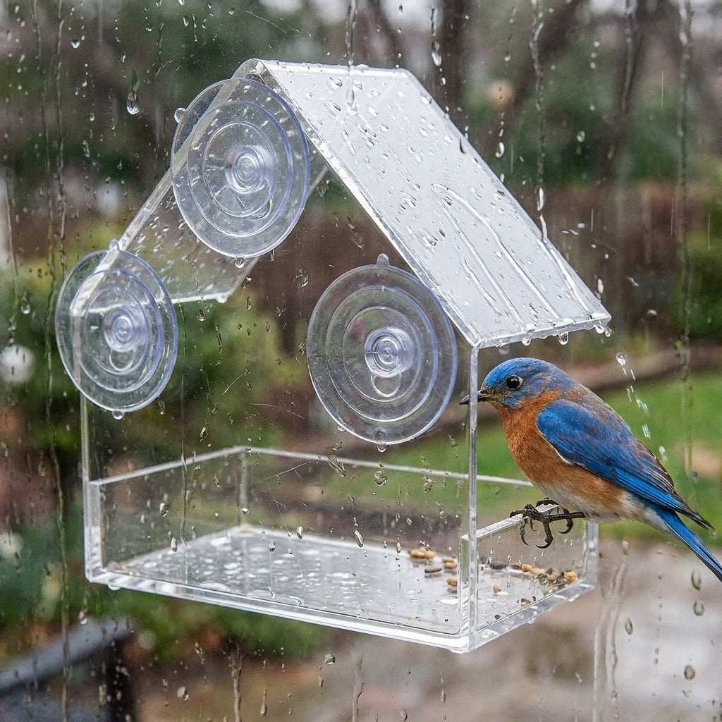 Eastern Bluebird perched on the tray rim of the Clear Acrylic Window Bird Feeder in the rain, with water running off the pitched roof
