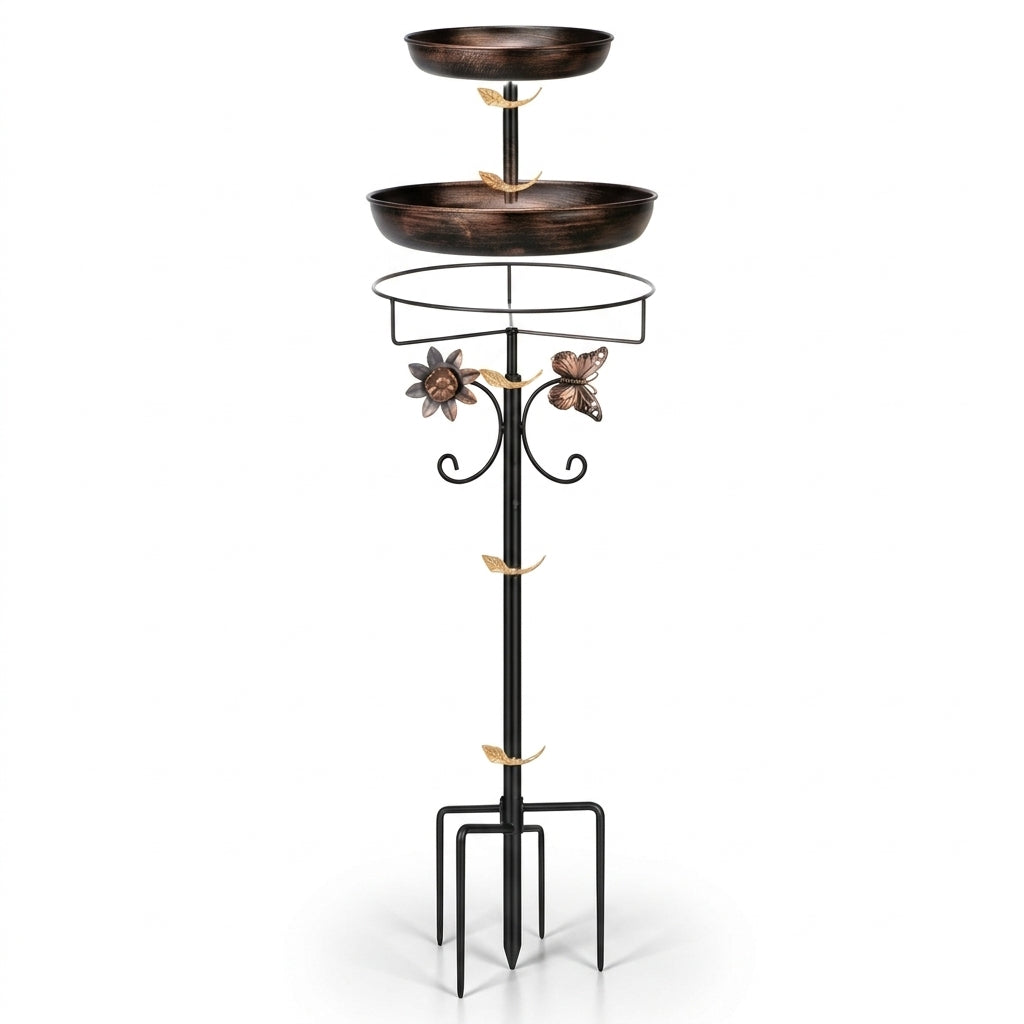 46.8 inch Dual-Layer Vintage Antique Bronze Metal Bird Bath and Feeder with 5-Prong Ground Stake on pure white background - BIRDLOVER