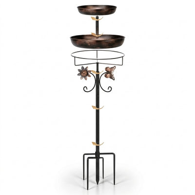 46.8 inch Dual-Layer Vintage Antique Bronze Metal Bird Bath and Feeder with 5-Prong Ground Stake on pure white background - BIRDLOVER