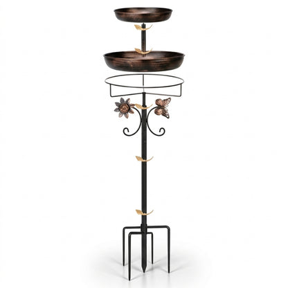 46.8 inch Dual-Layer Vintage Antique Bronze Metal Bird Bath and Feeder with 5-Prong Ground Stake on pure white background - BIRDLOVER