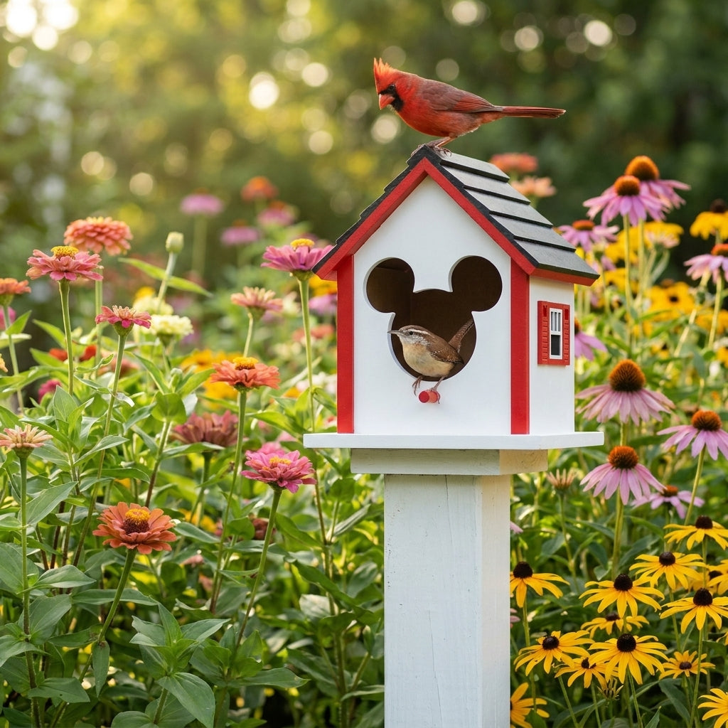 Northern Cardinal on the roof and a Carolina Wren at the Mickey-ear entrance of a white and red Mickey birdhouse on a garden post