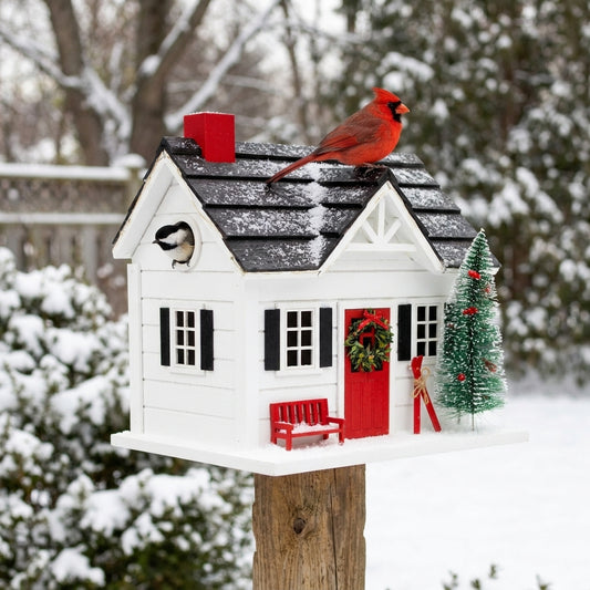 Northern Cardinal and Black-Capped Chickadee on the Holiday Ski Chalet Wooden Birdhouse in a winter garden