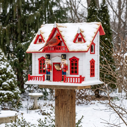 Northern Cardinal and Carolina Wren on the Nutcracker Manor LED Wooden Birdhouse in a winter garden