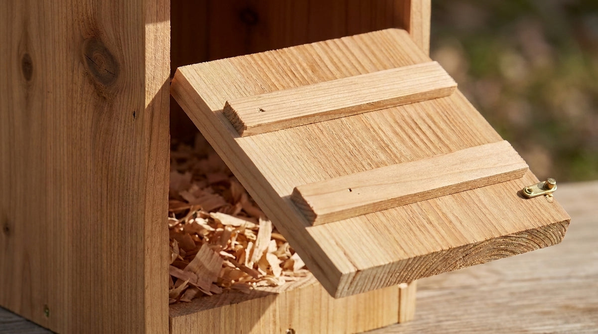 Close-up of the cedar nest box with its hinged front door open, door cleats, brass latch and cedar wood shavings bedding inside