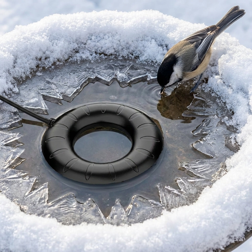 Close-up of the ultra-low profile 0.79 inch Matte Black Ring Bird Bath Heater melting ice for a Black-Capped Chickadee