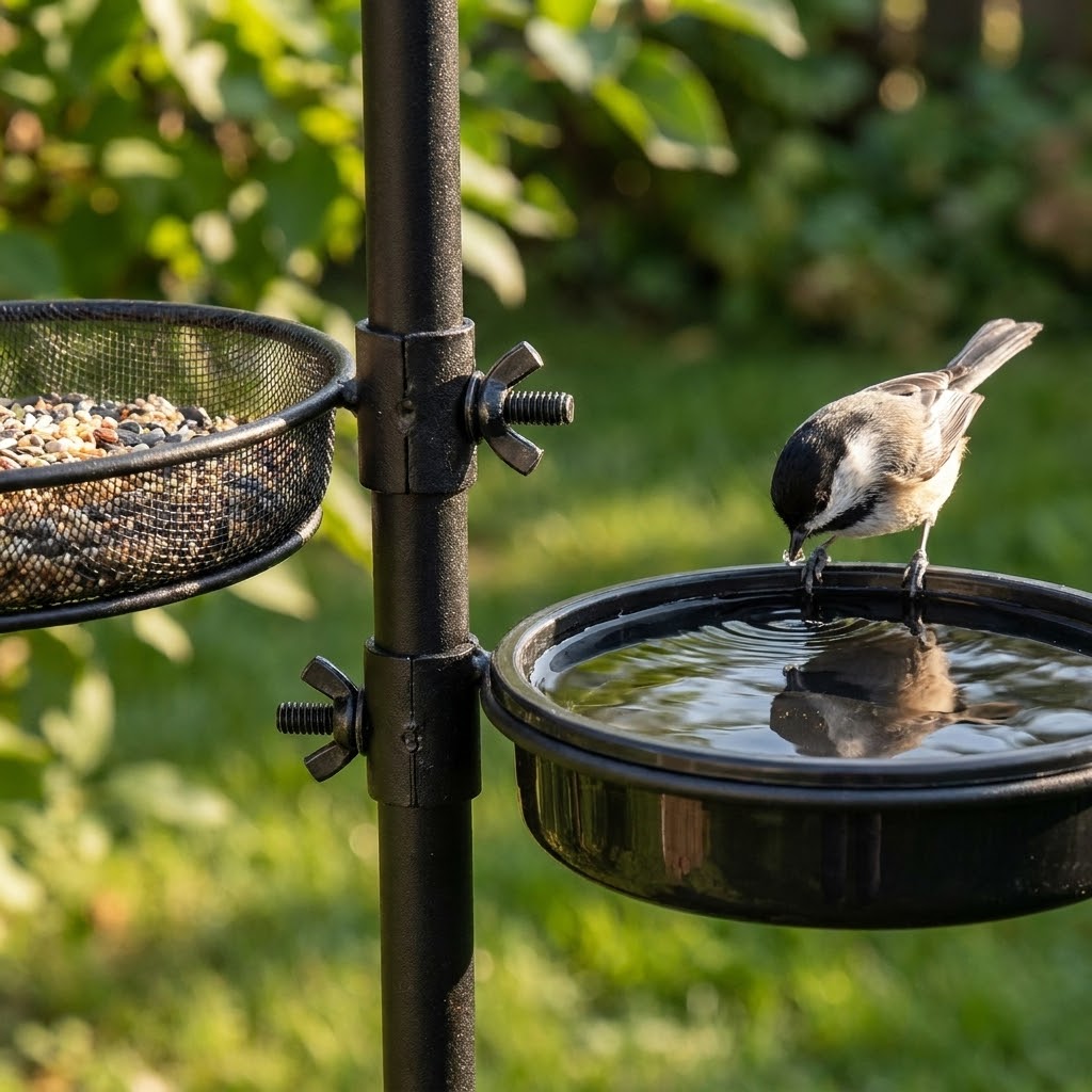 Close-up of the clamp-on bird bath dish and mesh seed tray with wing-nut clamps on the black steel pole, with a Black-capped Chickadee drinking