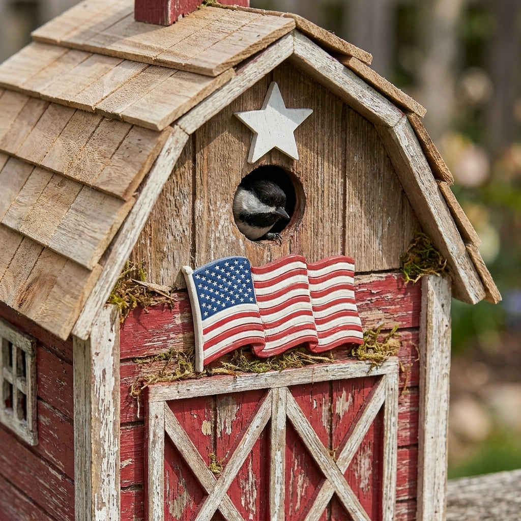Close-up of Western Red Cedar gambrel roof shingles, American flag plaque, and Black-Capped Chickadee at the entrance hole