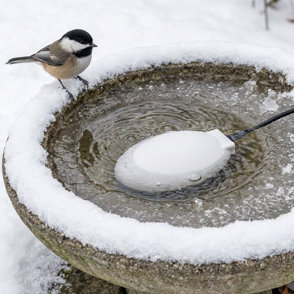 Close-up of the white food-grade anti-scale Submersible Bird Bath De-Icer melting ice for a Black-Capped Chickadee
