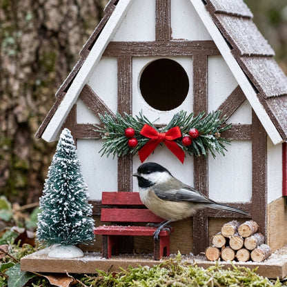 Close-up of Tudor half-timber gable, miniature red bench, Christmas tree, and stacked firewood with a Chickadee