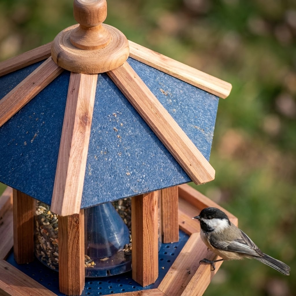 Close-up of the Admiral Blue recycled plastic roof, red cedar rafters and perforated drainage floor of the Amish Gazebo Bird Feeder with a Black-capped Chickadee