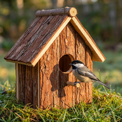 Close-up of Black-Capped Chickadee at the entrance of the natural tree-bark A-frame wooden birdhouse