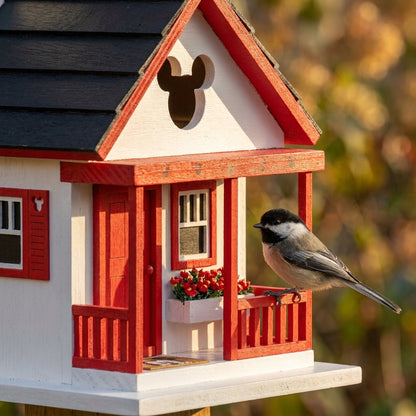 Close-up of the Mickey Mouse ear silhouette entrance hole, porch flower box and red Mickey shutters with a Black-capped Chickadee