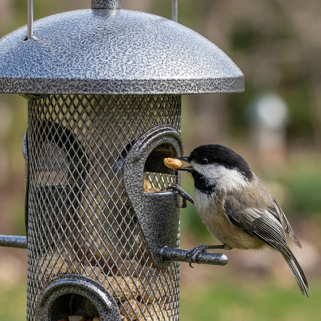 Close-up of a hammered pewter-silver metal lid and peanut mesh feeder with a Black-capped Chickadee taking a peanut