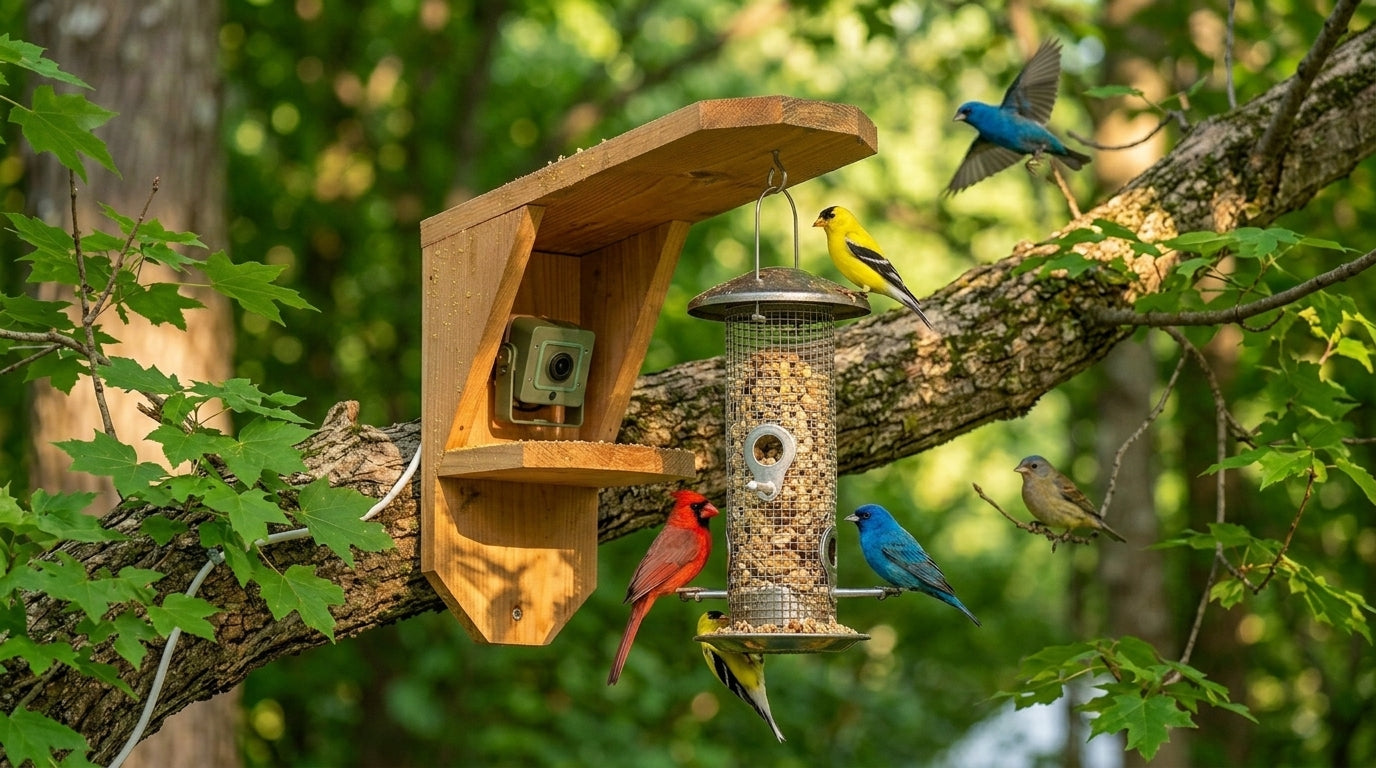 Wooden bird feeder with multiple birds perched on it in a natural setting