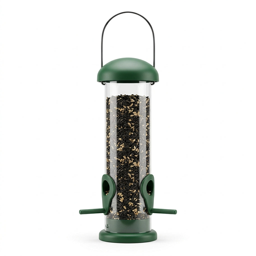 Classic forest-green 2-port hanging tube finch bird feeder filled with mixed sunflower and finch seed on a white background