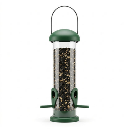 Classic forest-green 2-port hanging tube finch bird feeder filled with mixed sunflower and finch seed on a white background