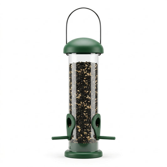 Classic forest-green 2-port hanging tube finch bird feeder filled with mixed sunflower and finch seed on a white background