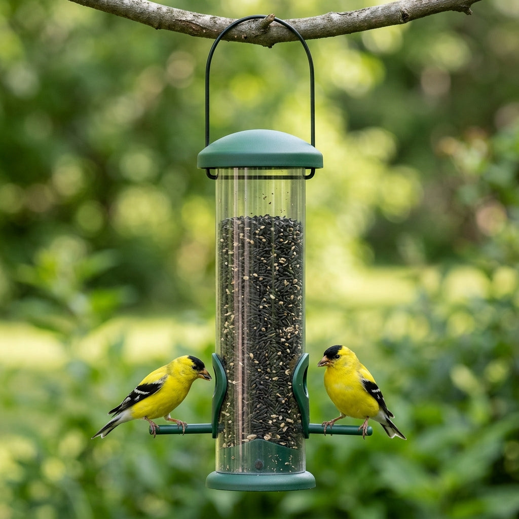 Two yellow American Goldfinches perched on the side pegs of the forest-green 2-port hanging tube finch feeder in a sunny garden